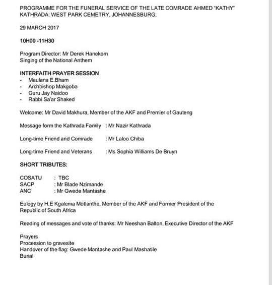 Funeral Programme A. Kathrada